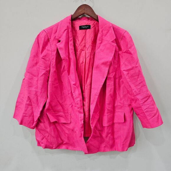 Talbots Womens 100% Linen Blazer Jacket Pink 3/4 Sleeves Open Front Barbiecore - Picture 1 of 13